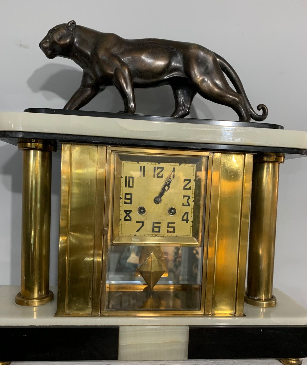 French Art Deco Panther Marble Mantle Clock c1920s View II