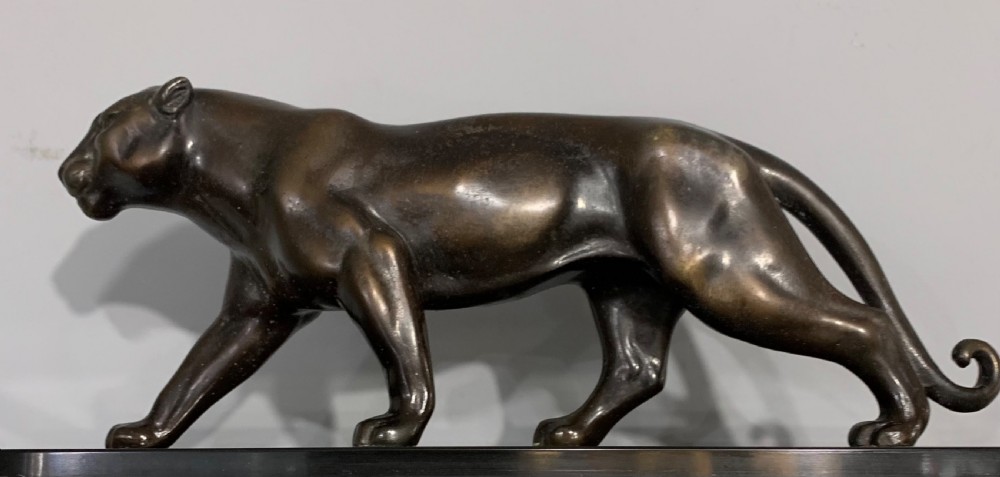 French Art Deco Panther Marble Mantle Clock c1920s View IV