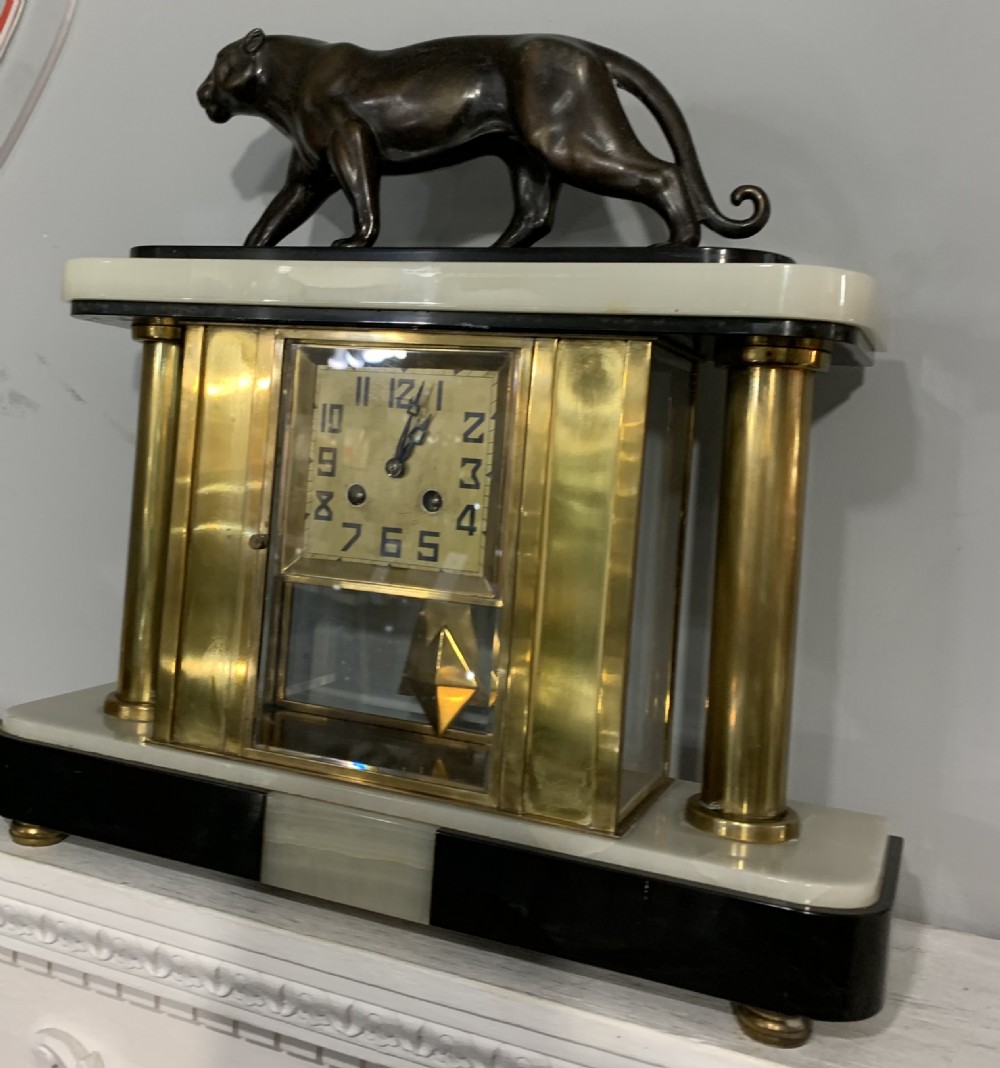 French Art Deco Panther Marble Mantle Clock c1920s View VII