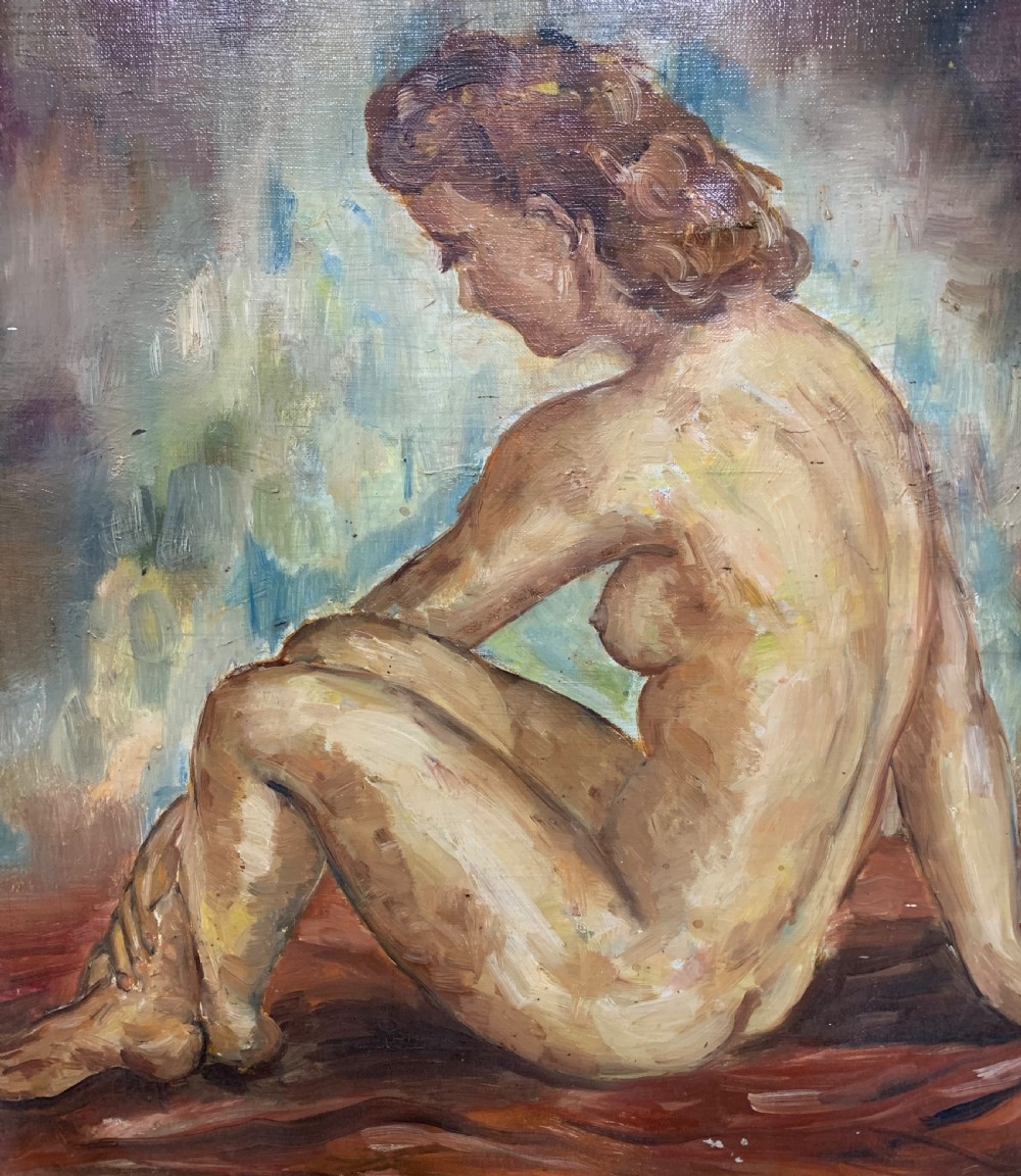 An Art Deco oil painting depicting a seated female nude in profile against a textured background, rendered in warm ochre tones and set in a gilded frame. View II