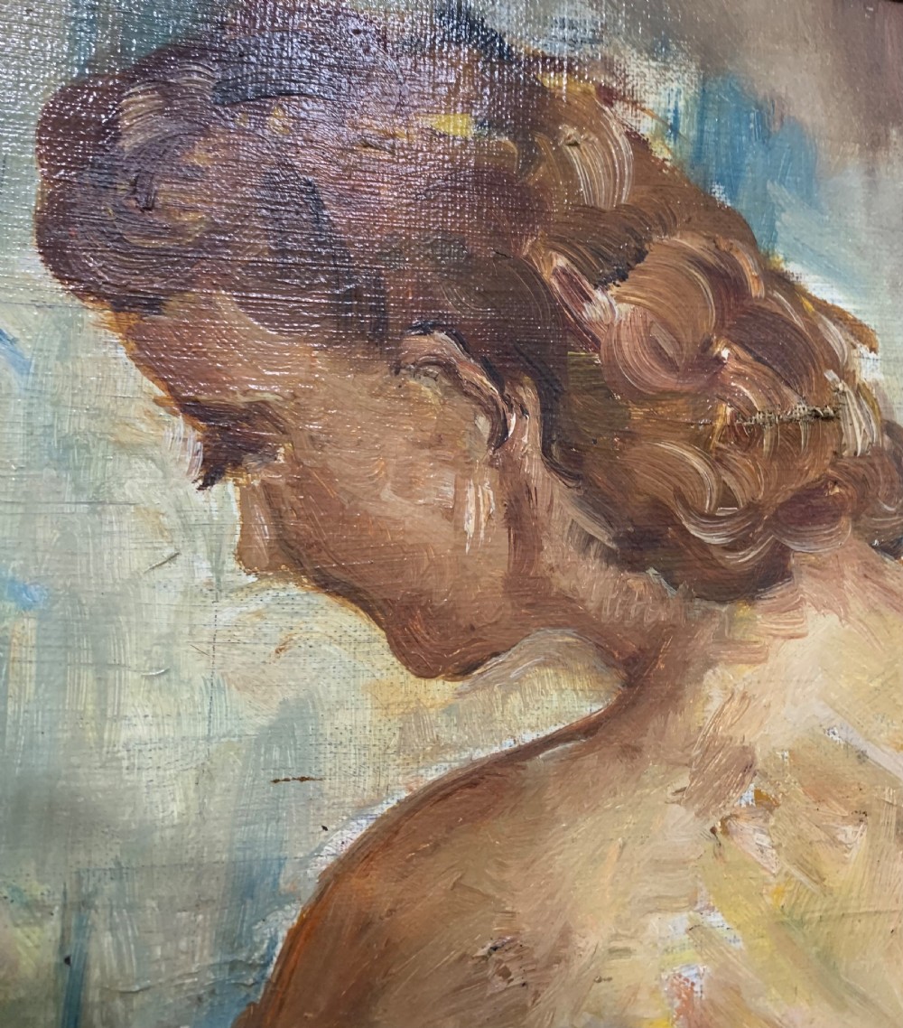 An Art Deco oil painting depicting a seated female nude in profile against a textured background, rendered in warm ochre tones and set in a gilded frame. View III