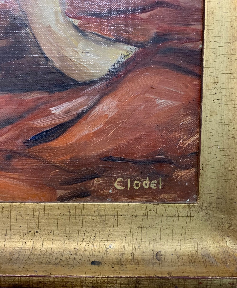 An Art Deco oil painting depicting a seated female nude in profile against a textured background, rendered in warm ochre tones and set in a gilded frame. View VI