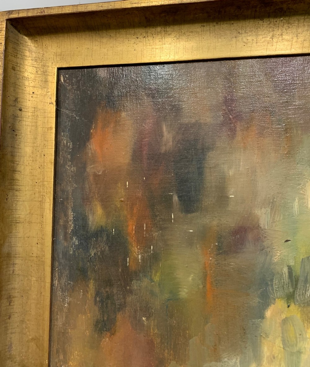 An Art Deco oil painting depicting a seated female nude in profile against a textured background, rendered in warm ochre tones and set in a gilded frame. View VIII