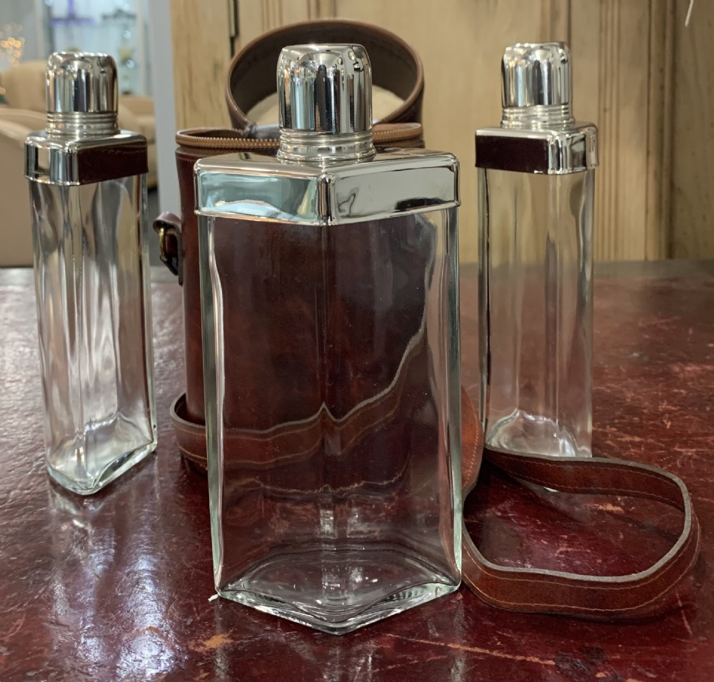 Luxury Burgundy Leather Triple Glass Flask Set c1930 View VI