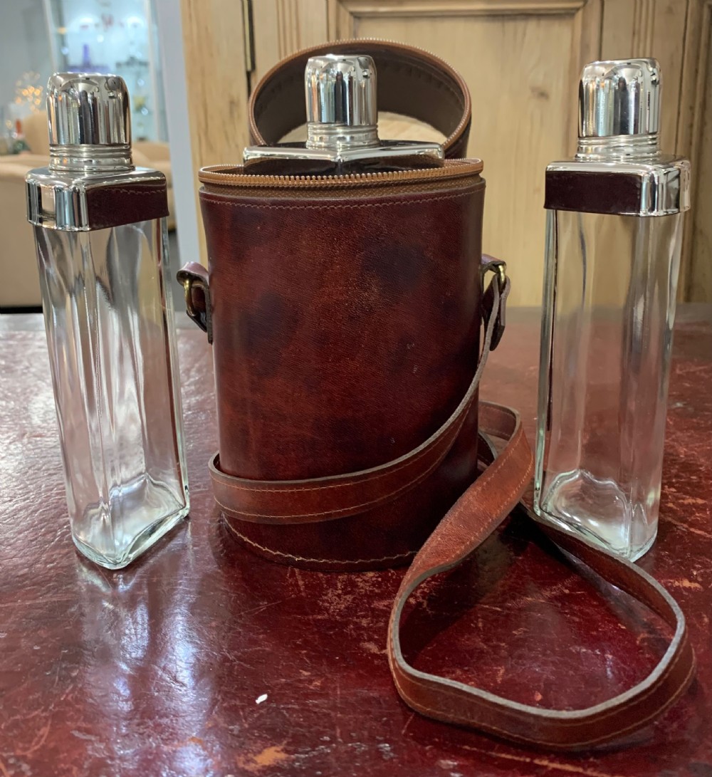 Luxury Burgundy Leather Triple Glass Flask Set c1930