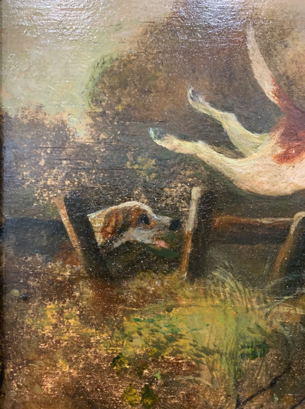 An early nineteenth-century oil painting on a wooden panel depicting two hunting hounds in pursuit of a fox across a landscape, set within a dark moulded frame. View V