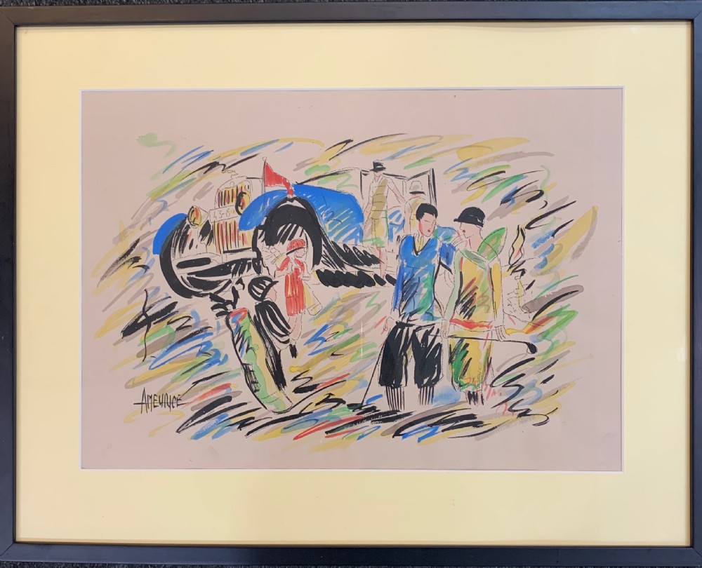 A framed Art Deco illustration on paper depicting figures in 1930s attire alongside a blue vintage car and golf bag, signed by Andre Maurice.