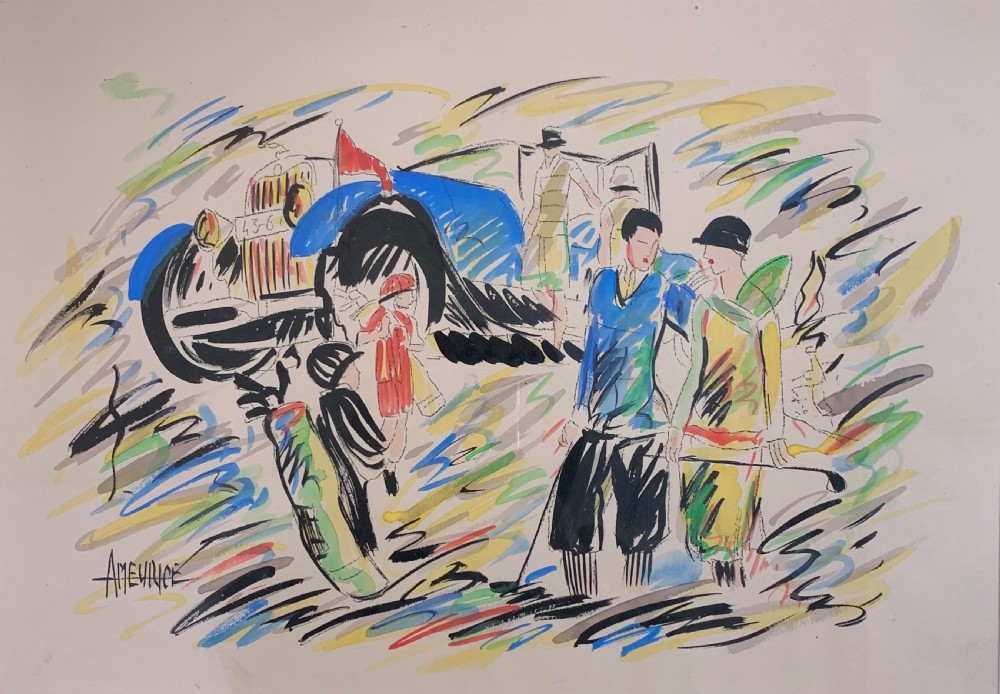 A framed Art Deco illustration on paper depicting figures in 1930s attire alongside a blue vintage car and golf bag, signed by Andre Maurice. View II