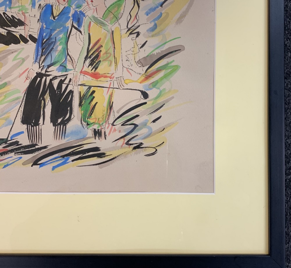 A framed Art Deco illustration on paper depicting figures in 1930s attire alongside a blue vintage car and golf bag, signed by Andre Maurice. View III