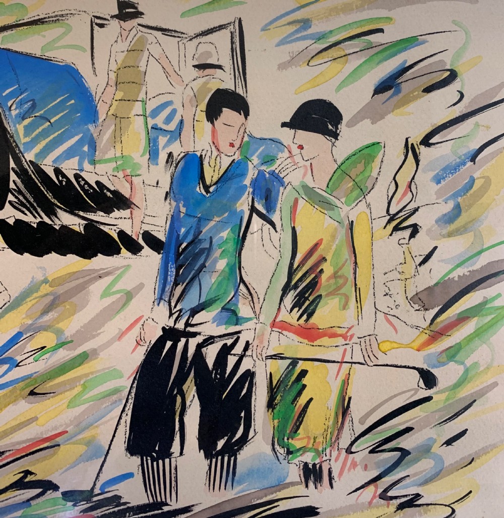 A framed Art Deco illustration on paper depicting figures in 1930s attire alongside a blue vintage car and golf bag, signed by Andre Maurice. View V