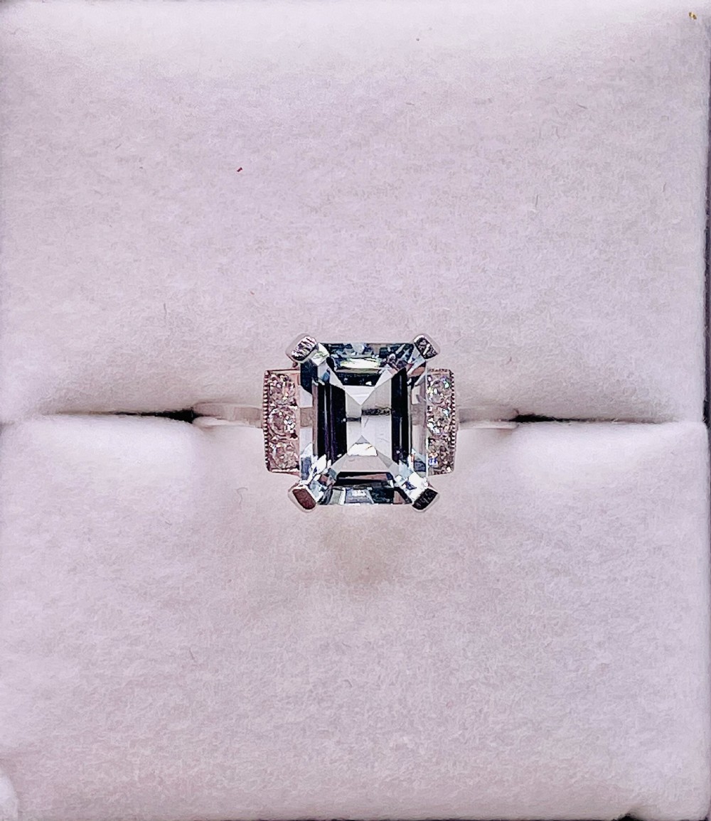 Emerald Cut Aquamarine & Diamond Accents on Platinum Ring (Size O) View VI