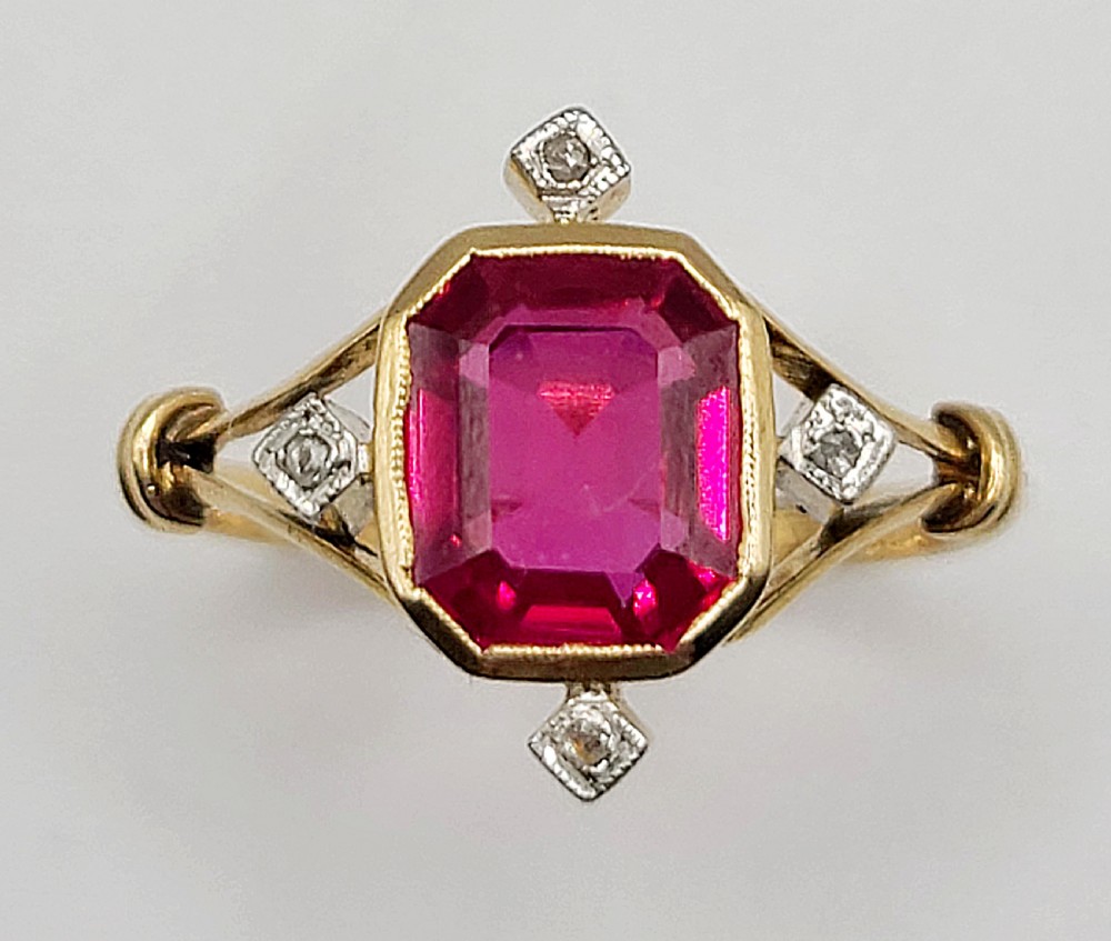 French Art Deco Ruby (1.5ct) Rose Cut Diamond Ring c1920 (Q1/2)