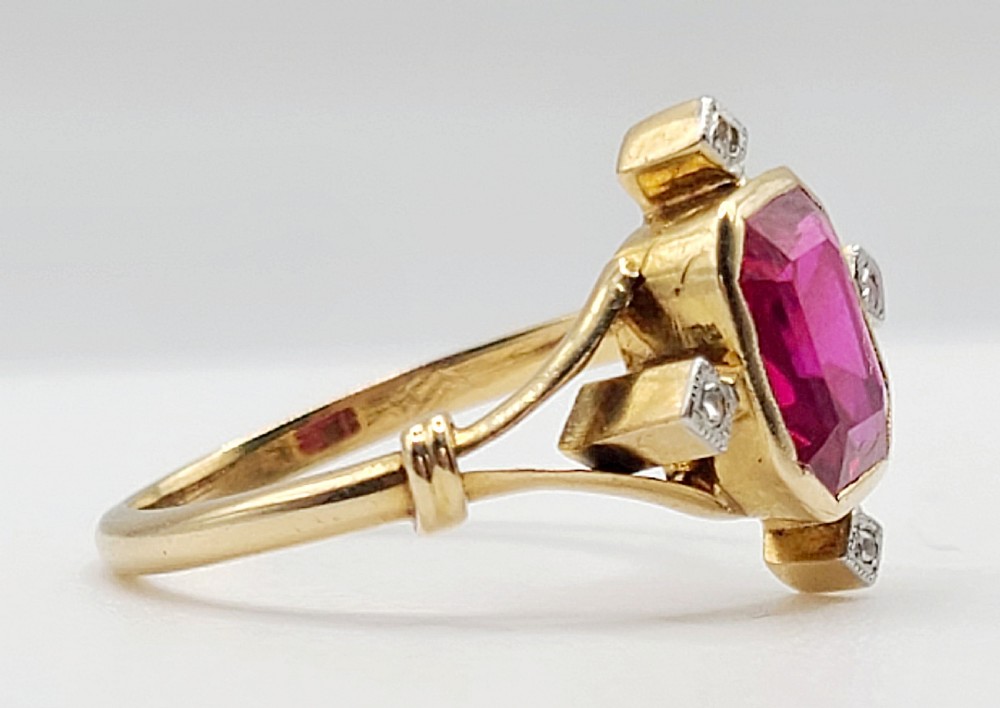 French Art Deco Ruby (1.5ct) Rose Cut Diamond Ring c1920 (Q1/2) View II