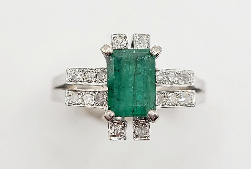 Art Deco Design Natural Emerald & Diamond 14ct Gold Ring - Size Q