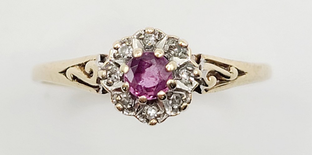 Vintage Ruby with Diamond Halo on 9ct Gold Size R