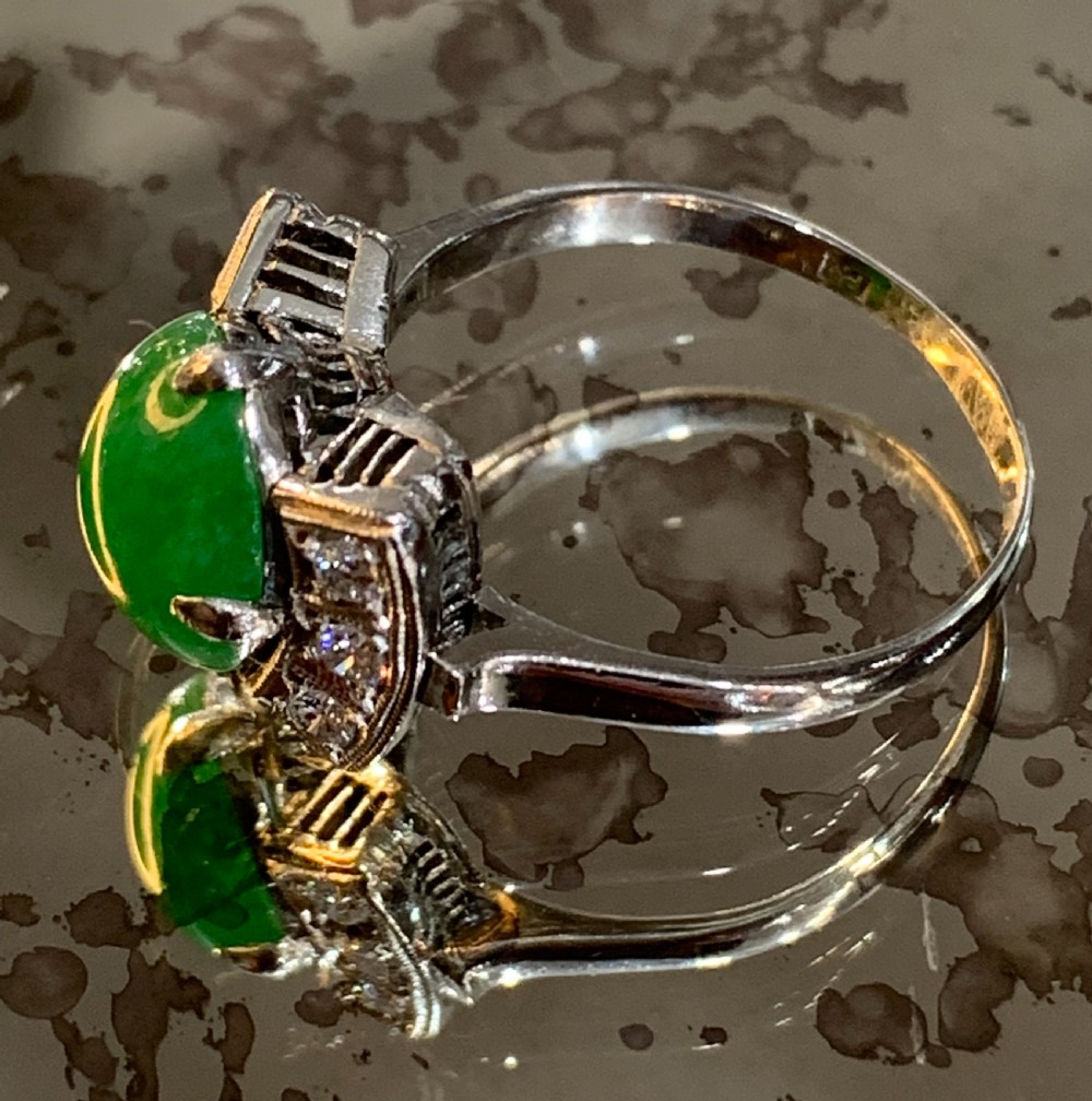 Art Deco Platinum Diamond Jade Ring c1920's - Size M. View II