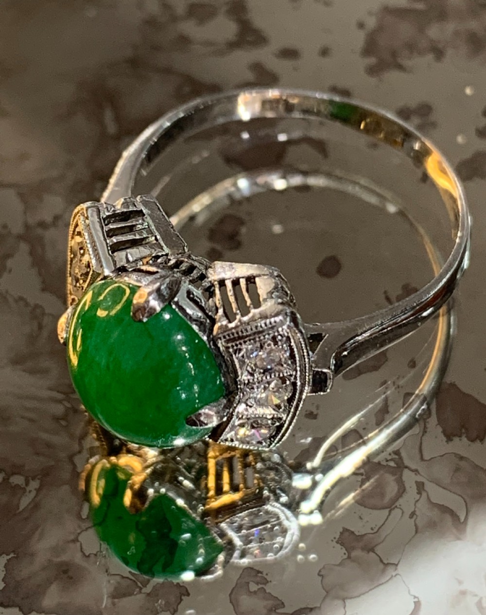 Art Deco Platinum Diamond Jade Ring c1920's - Size M. View IV
