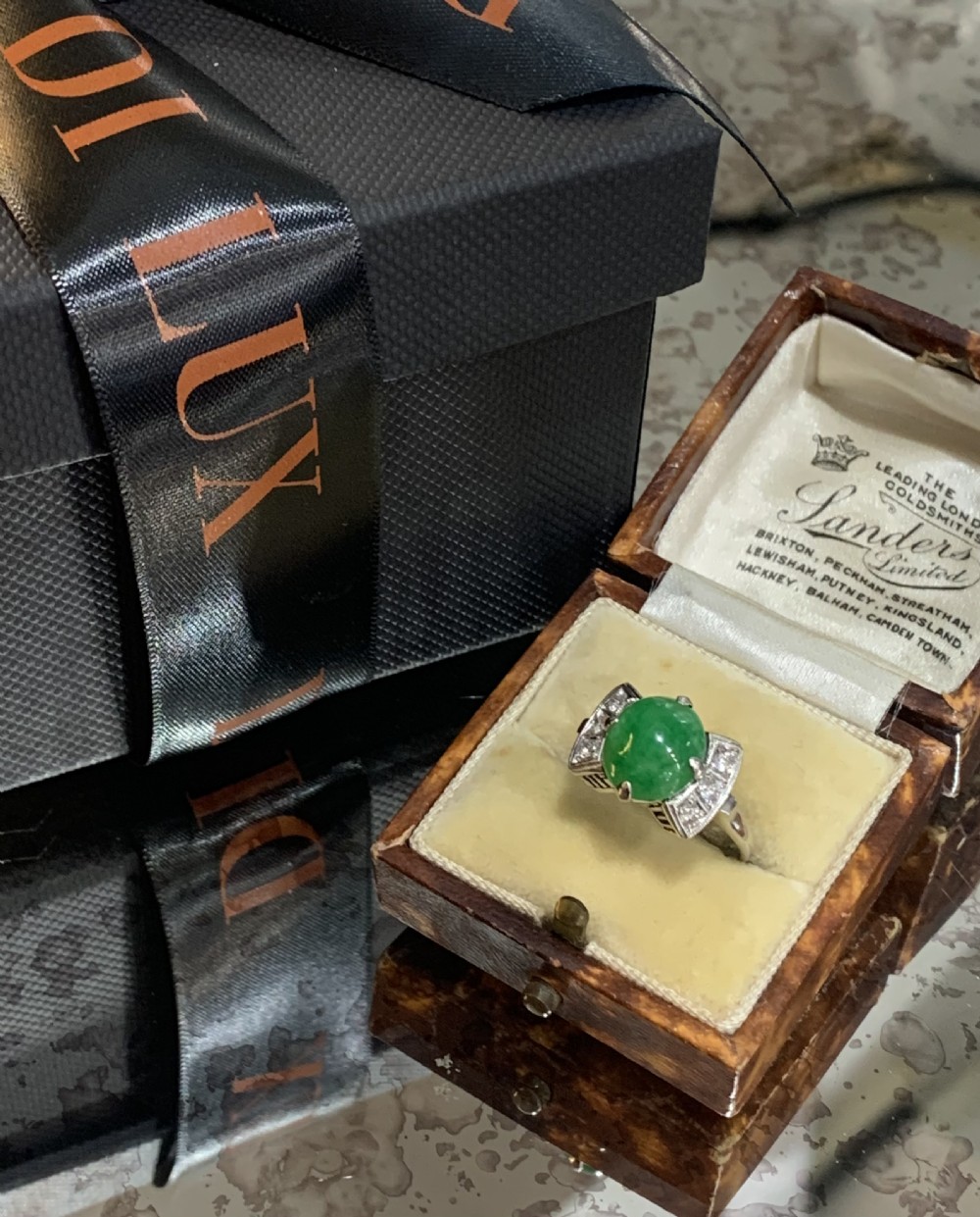 Art Deco Platinum Diamond Jade Ring c1920's - Size M. View V