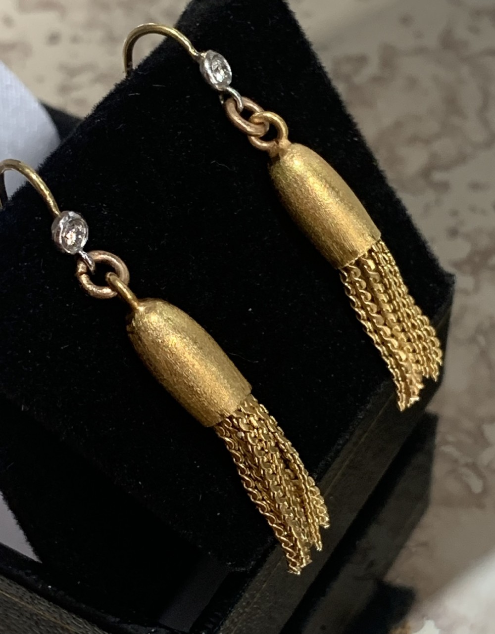 Extremely Fine Art Deco 18ct Gold Diamond Tassel Earrings c1920-30's. View V