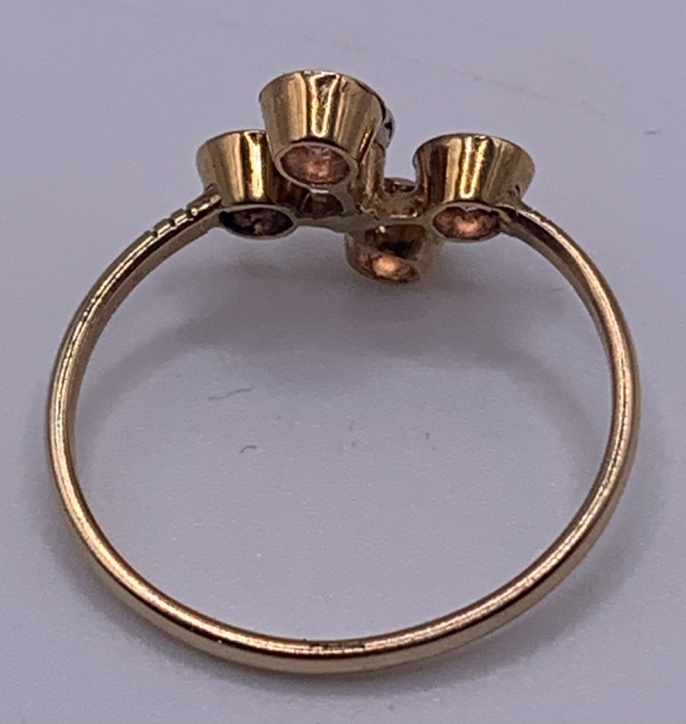 A Victorian 15ct gold ring featuring four circular pink tourmalines bezel-set around a central seed pearl. View III