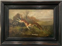 HUNTING SCENE OIL ON WOOD THE PURSUIT HOUNDS AND FOX EARLY 19TH CENTURY