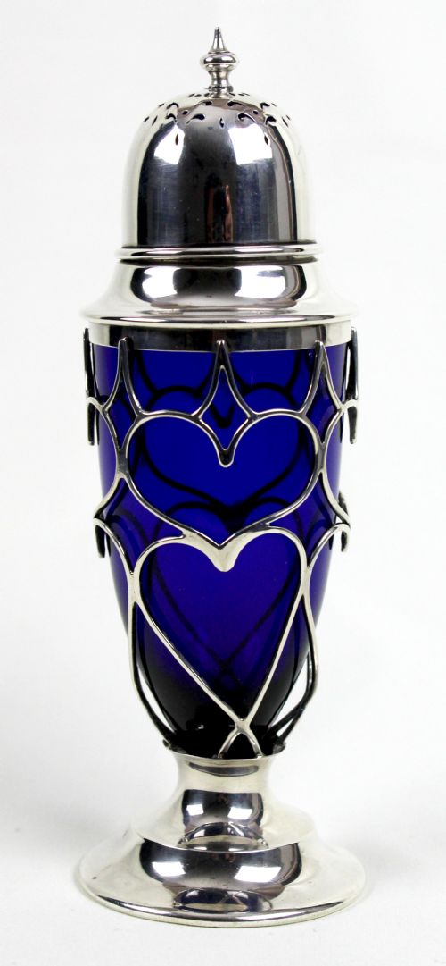 edwardian blue glass and silver sugar caster - CATEGORY: ANTIQUE SILVER - DATED EDWARDIAN
