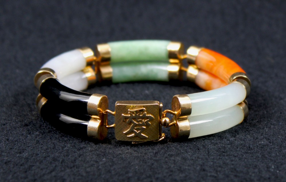 Early 20th C 14CT gold, black onyx and Jade bracelet View V