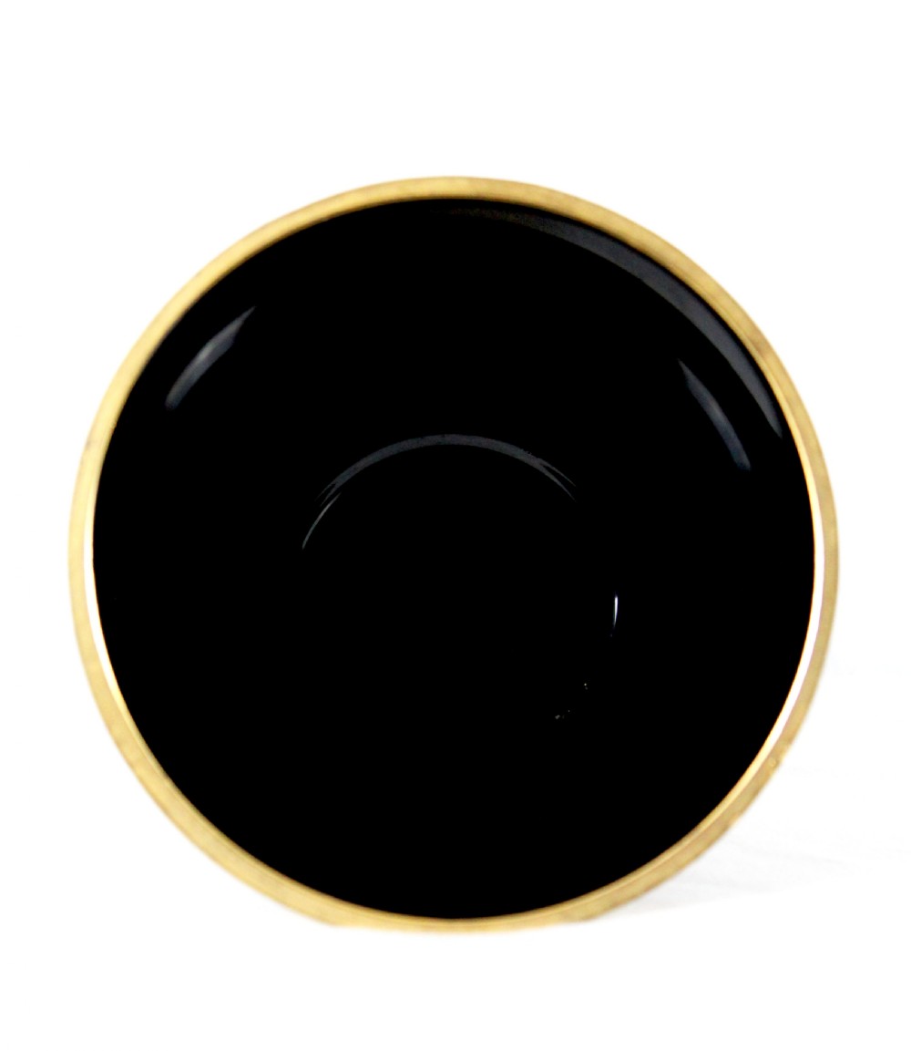 An Art Deco black hyalite glass vase featuring horizontal gold bands and stylized floral medallions. View IV