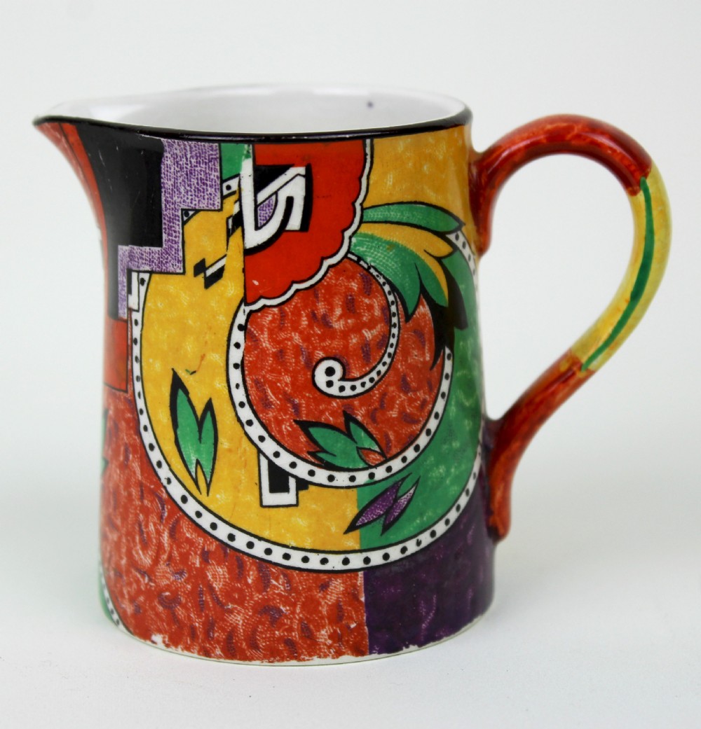 A multi-piece Art Deco ceramic coffee set decorated with vibrant red, yellow, green, and black abstract geometric patterns, comprising a tall coffee pot, creamer, sugar bowl, six demitasse cups, and matching saucers. View IV