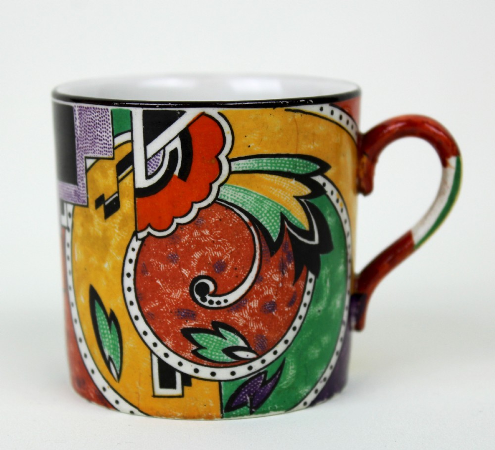 A multi-piece Art Deco ceramic coffee set decorated with vibrant red, yellow, green, and black abstract geometric patterns, comprising a tall coffee pot, creamer, sugar bowl, six demitasse cups, and matching saucers. View X