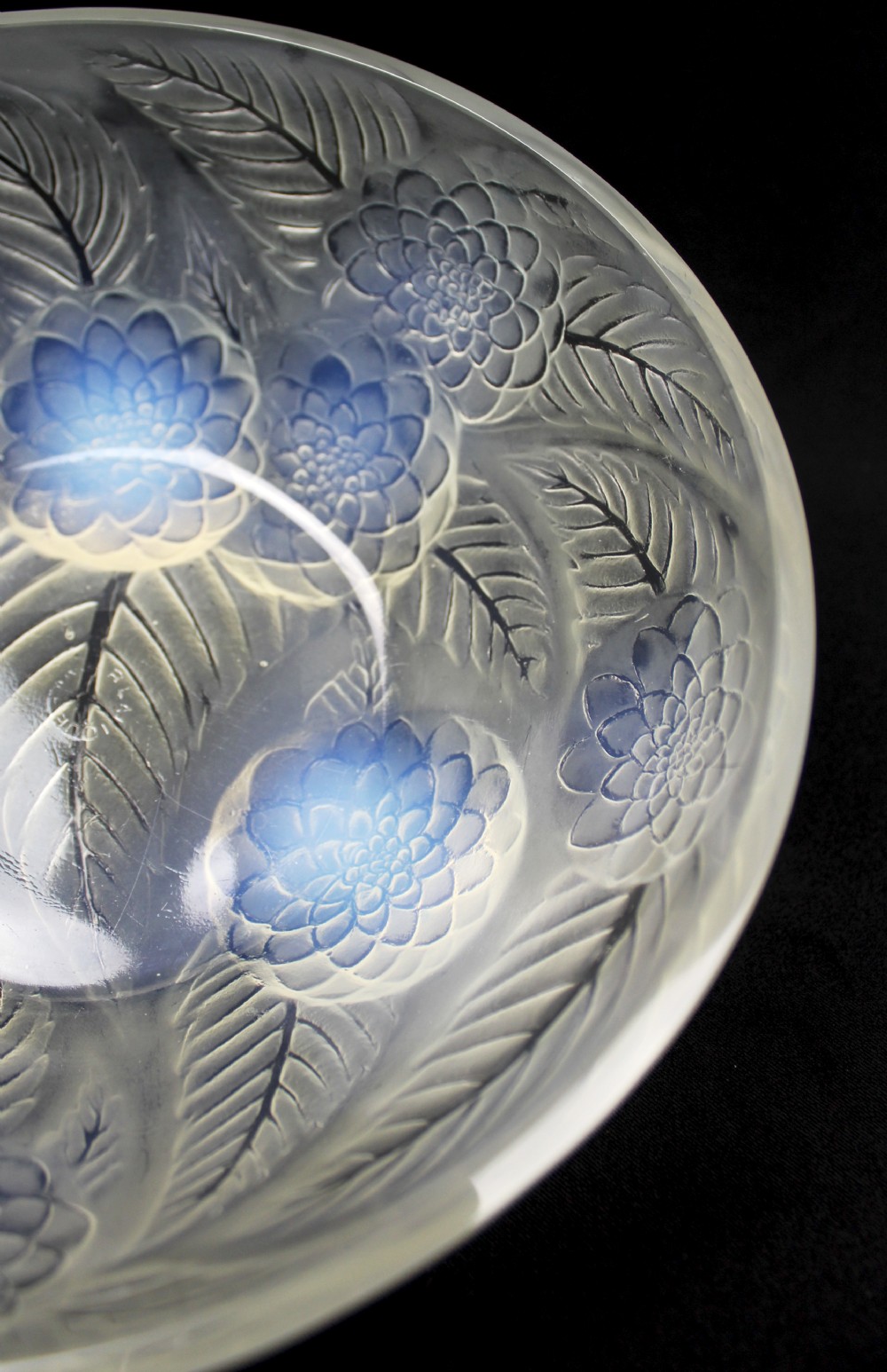 An Art Deco opalescent glass circular bowl featuring a moulded relief design of dahlia flower heads and leaves with subtle blue highlights. View IV