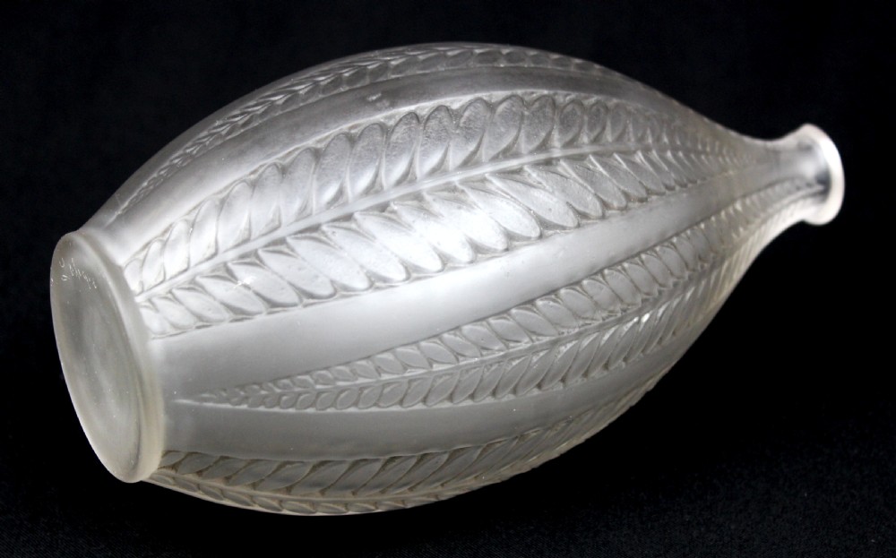 An ovoid frosted glass vase decorated with vertical moulded acacia leaf fronds extending from the base to the neck. View III