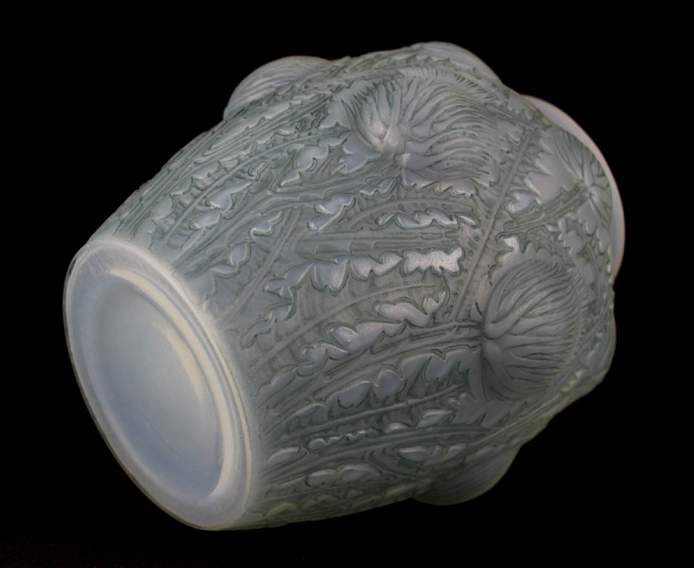 An Art Deco opalescent frosted glass vase featuring relief-moulded thistle motifs with translucent blue tones. View III