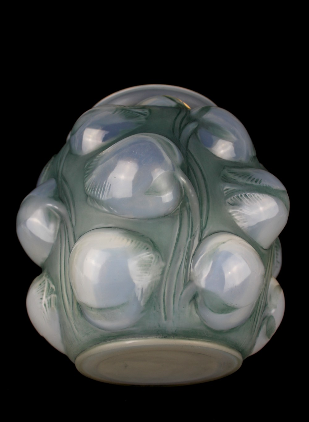 An Art Deco opalescent glass vase featuring high-relief moulded tulip buds and leaf detailing. View VI