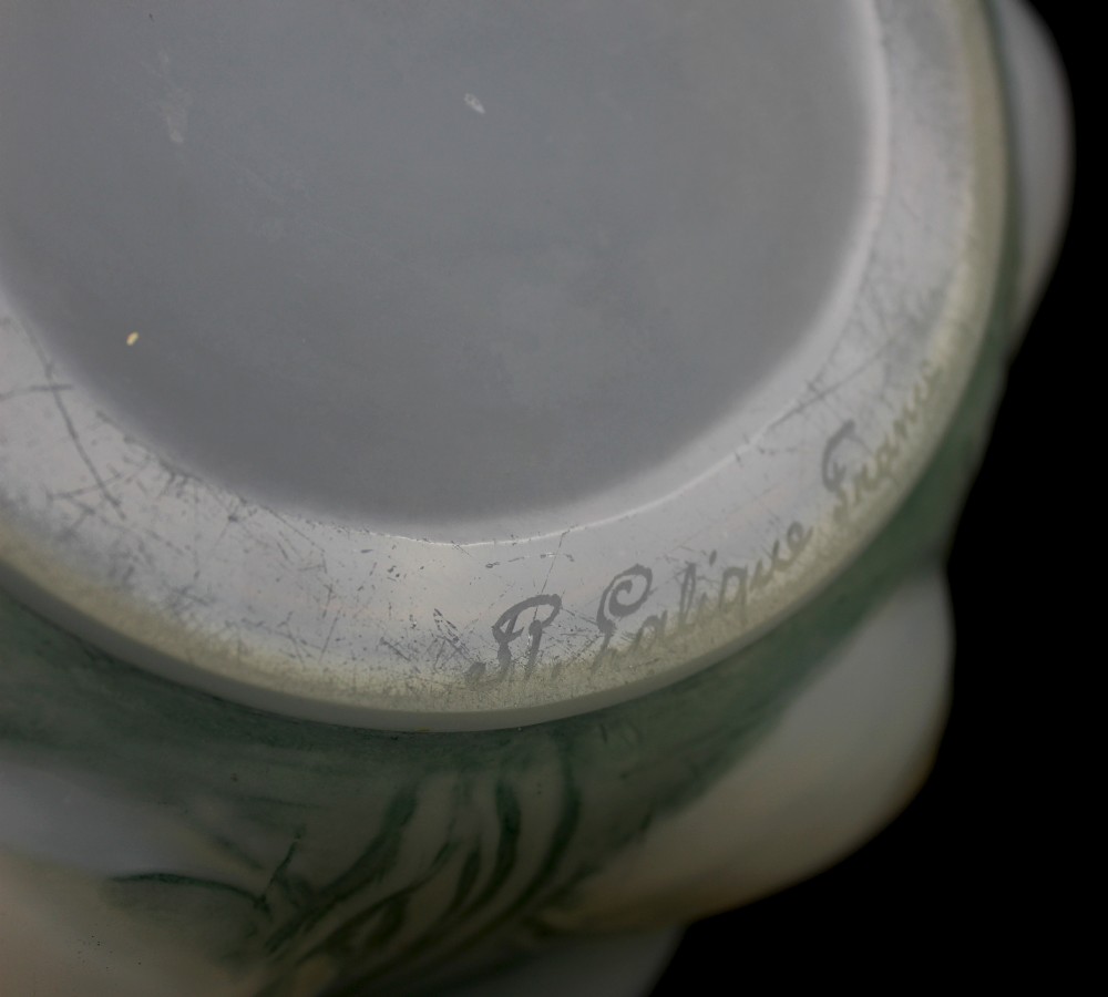 An Art Deco opalescent glass vase featuring high-relief moulded tulip buds and leaf detailing. View VII
