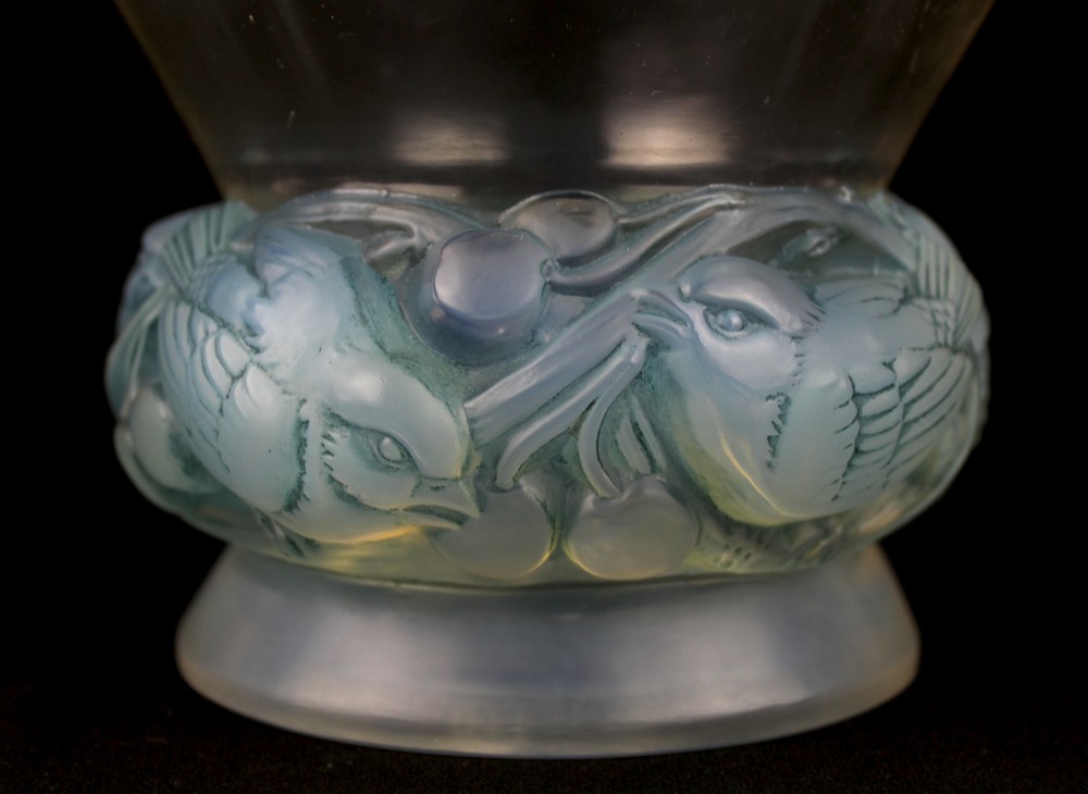 An Art Deco opalescent glass vase featuring a flared clear rim atop a base moulded with finches in foliage. View III