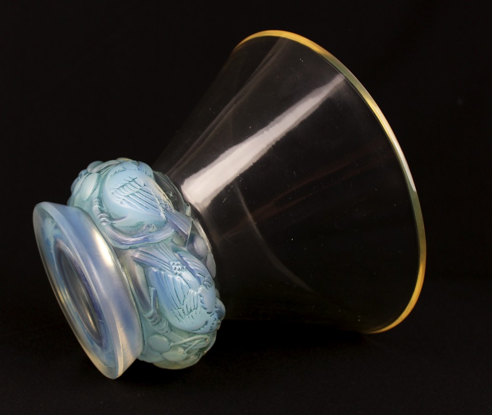 An Art Deco opalescent glass vase featuring a flared clear rim atop a base moulded with finches in foliage. View IV