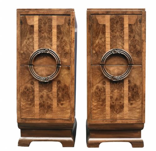 Art Deco Pair Of Figured Walnut Bedside Cabinets, English, c1930