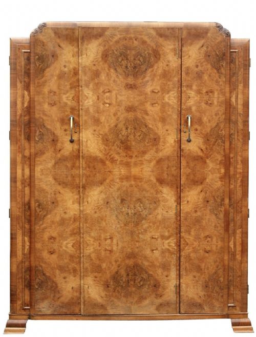 Art Deco Triple Walnut Three Door Wardrobe, c1930