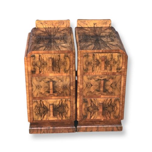 Stunning pair of Art Deco highly figured walnut nightstands