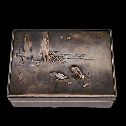 A Solid Silver Mixed Metal Japanese Box Meiji Era with Shibuichi & Shakudou - Hidetada/shuusei C.1890