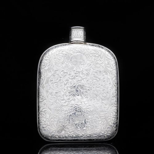 fig 3. A Spectacular Solid Silver Hip Flask With Ornate Engraved Design - Edward Smith 1845