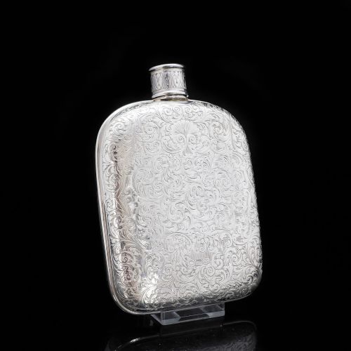 fig 4. A Spectacular Solid Silver Hip Flask With Ornate Engraved Design - Edward Smith 1845