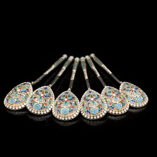 Antique Russian Silver Cloisonne Enamel Spoons | Set of 6 | C.1900