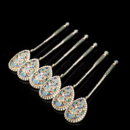 fig 1. Antique Russian Silver Cloisonne Enamel Spoons | Set of 6 | c.1900