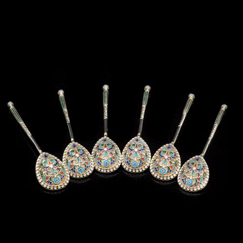 fig 2. Antique Russian Silver Cloisonne Enamel Spoons | Set of 6 | c.1900