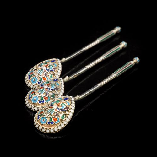 fig 3. Antique Russian Silver Cloisonne Enamel Spoons | Set of 6 | c.1900