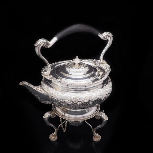 fig 1. Antique Solid Silver Kettle with Ornate Chased Motifs - Elkington & Co. 1904