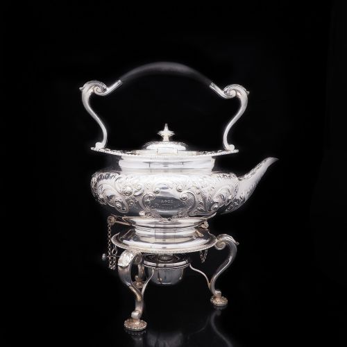 fig 3. Antique Solid Silver Kettle with Ornate Chased Motifs - Elkington & Co. 1904