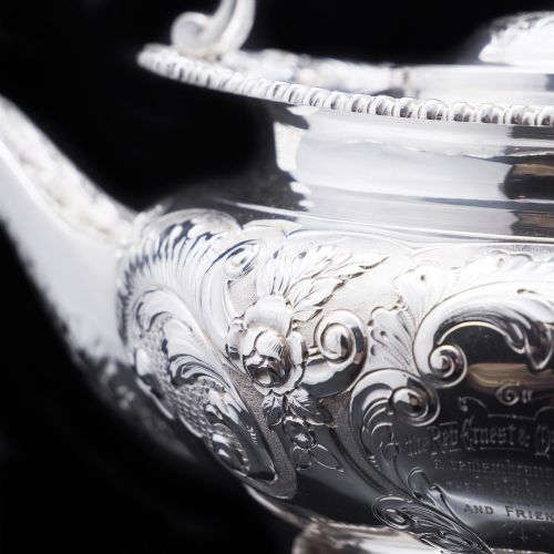 fig 7. Antique Solid Silver Kettle with Ornate Chased Motifs - Elkington & Co. 1904